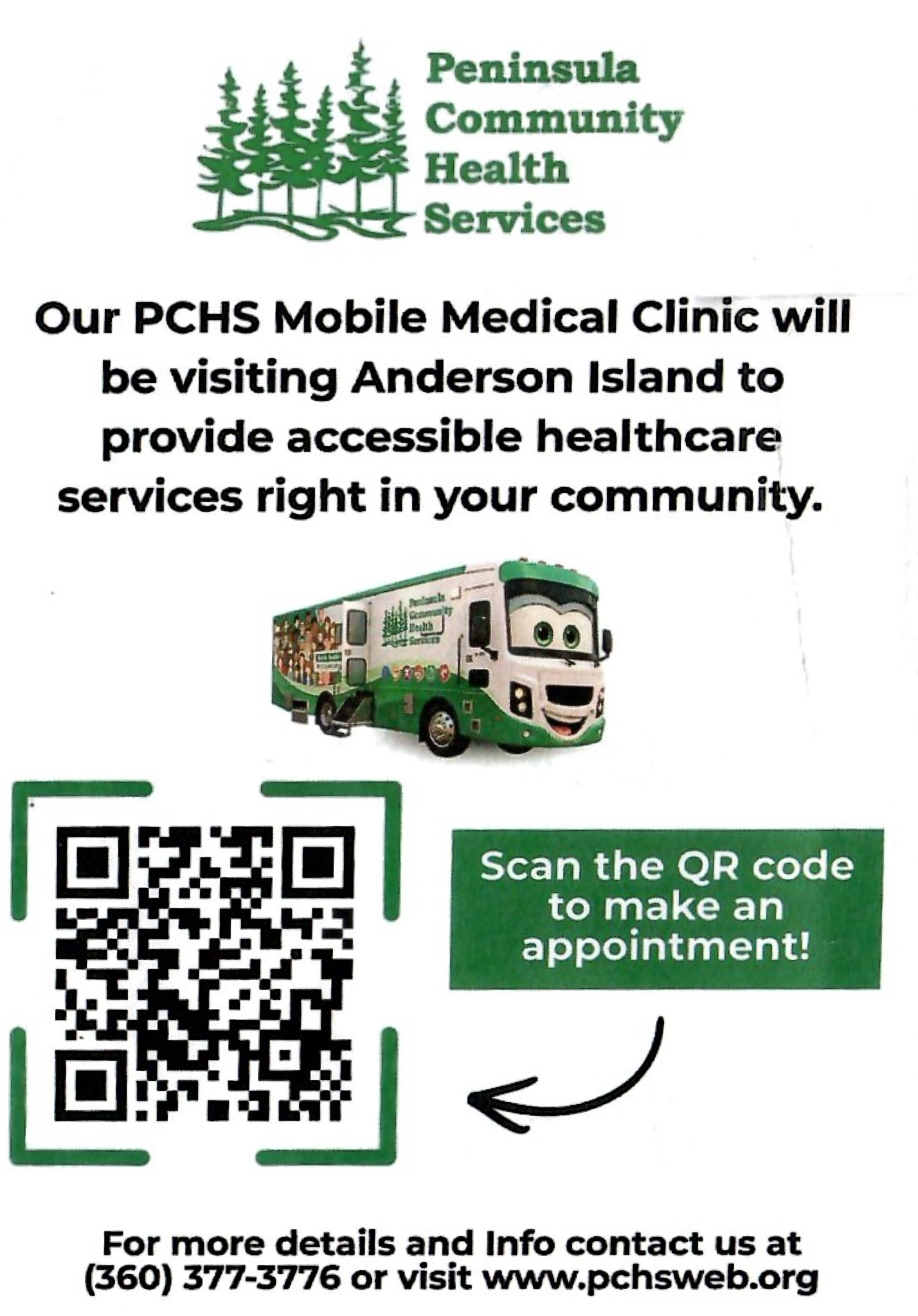 Peninsula Community Health Services flyer: PCHS mobile medical clinic visiting Anderson Island. Scan the QR code to make an appointment, or call (360) 377-3776 / visit pchsweb.org.